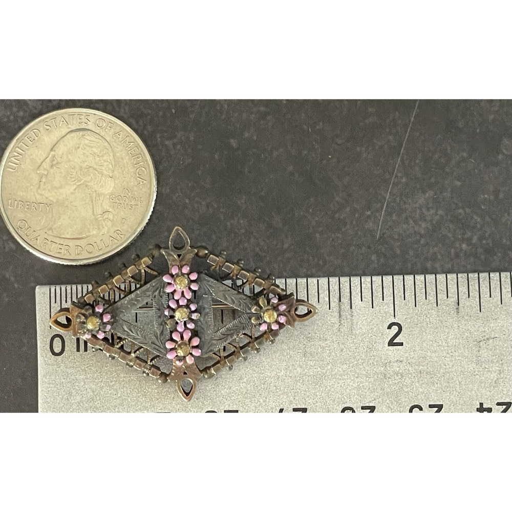 Vintage Bronze Pink Art Deco Flower Pin Brooch Dainty Yellow Bronze Colored
